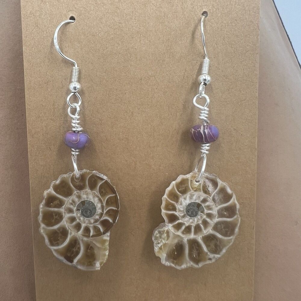 Natural Ammonite Fossil Gesmtone Sterling Silver Earrings Handmade With Opal